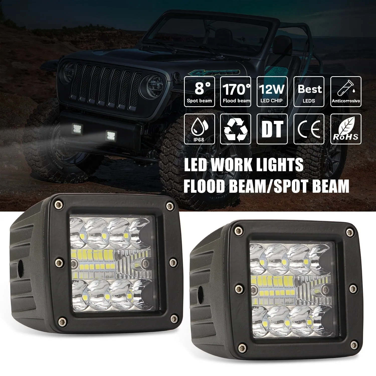 2pcs Aluminum Flush Mount Led Pods 48W Spot Flood Combo Off Road