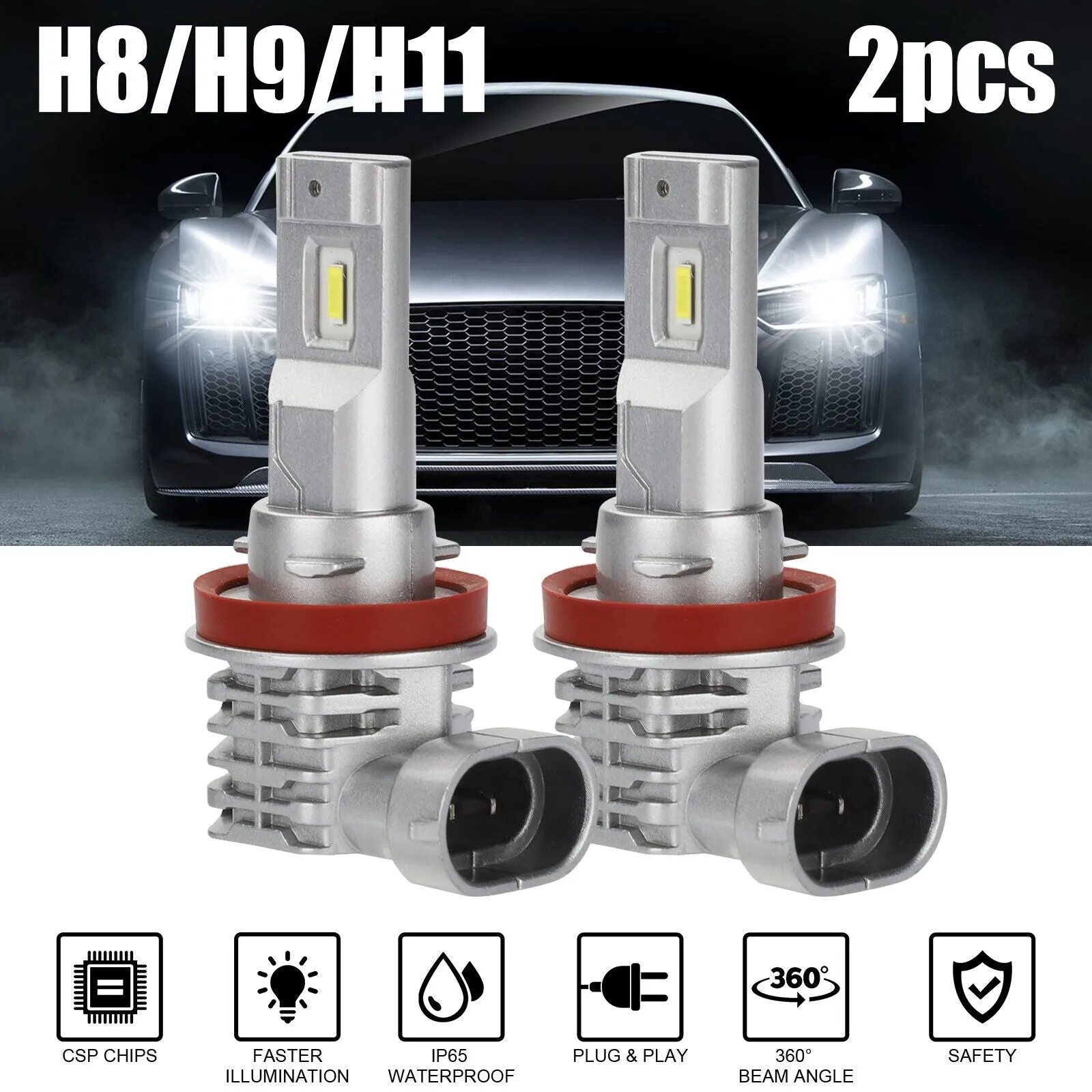 2pcs Car Led Headlight Kit H11 H9 H8 Super Bright Fog Lamp