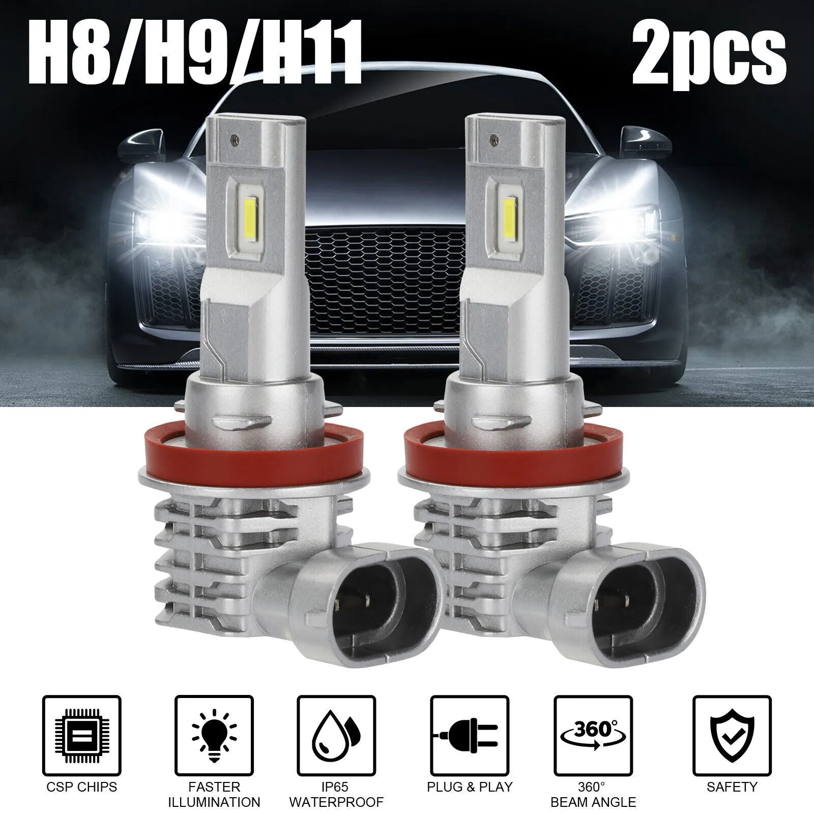 2pcs Car Led Headlight Kit H11 H9 H8 Super Bright Fog Lamp