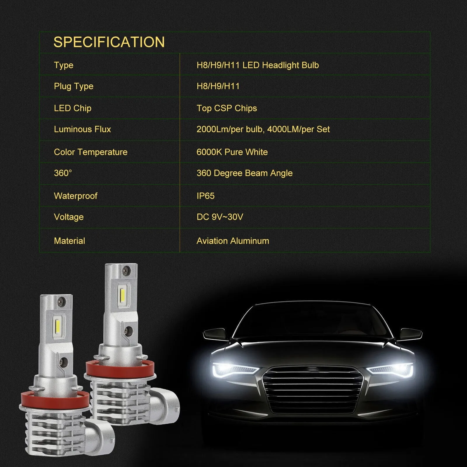 2pcs Car Led Headlight Kit H11 H9 H8 Super Bright Fog Lamp