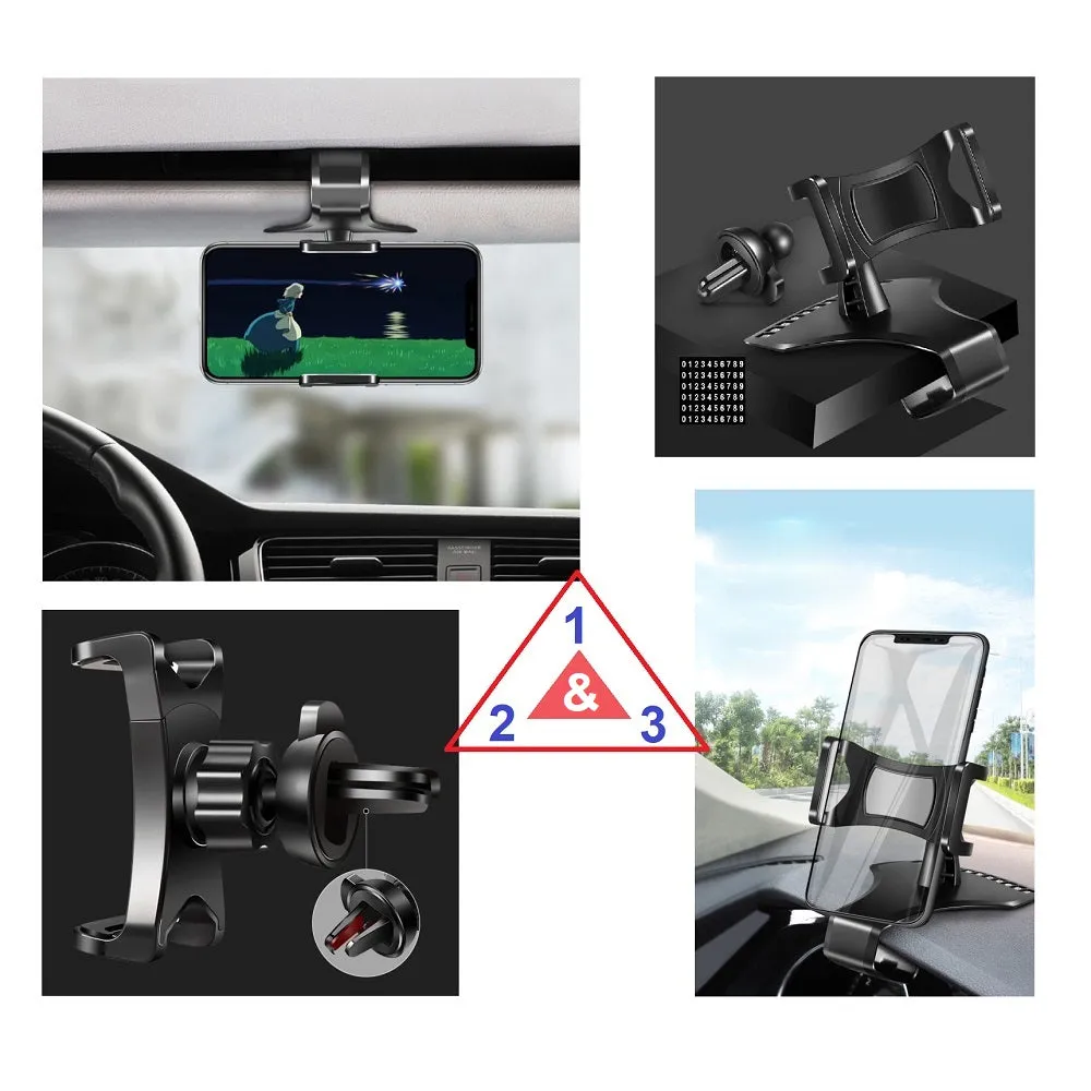 3 in 1 Car GPS Smartphone Holder: Dashboard / Visor Clamp   AC Grid Clip for Cubot S308 - Black