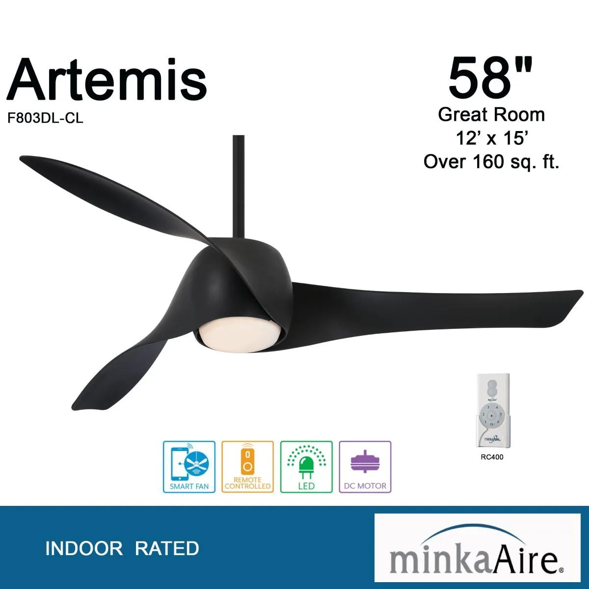 Artemis LED 58'' Smart Ceiling Fan with Light and Remote Control, Coal