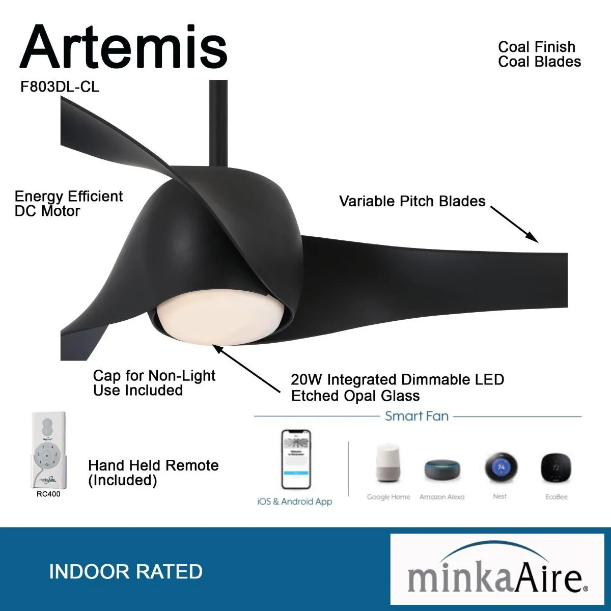 Artemis LED 58'' Smart Ceiling Fan with Light and Remote Control, Coal