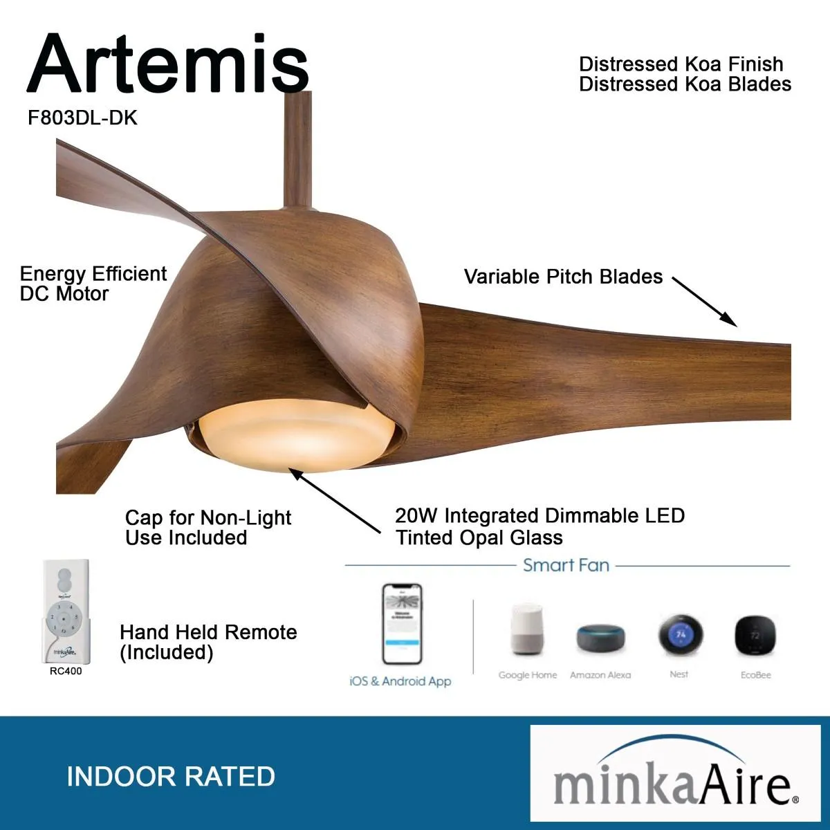 Artemis LED 58'' Smart Ceiling Fan with Light and Remote Control, Distressed Koa