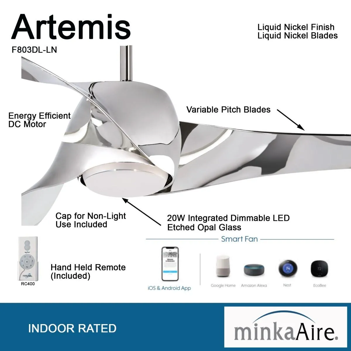 Artemis LED 58'' Smart Ceiling Fan with Light and Remote Control, Liquid Nickel