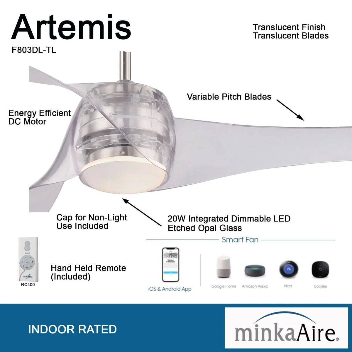 Artemis LED 58'' Smart Ceiling Fan with Light and Remote Control, Translucent