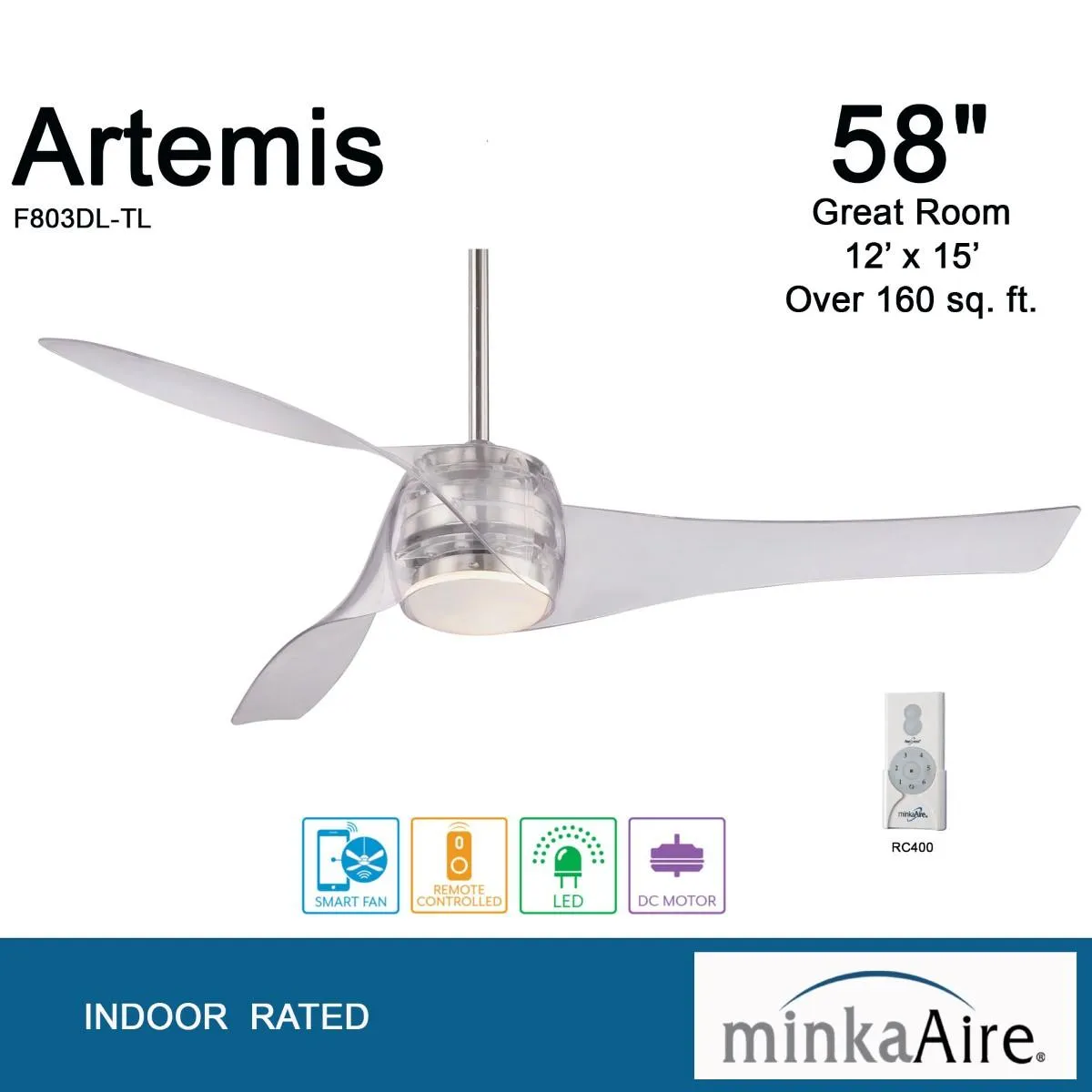 Artemis LED 58'' Smart Ceiling Fan with Light and Remote Control, Translucent