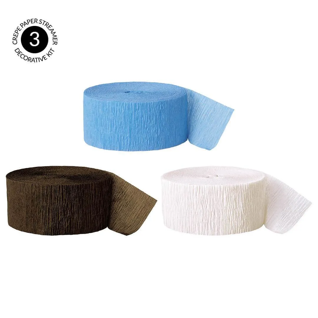 Baby Blue, Brown, White Crepe Paper Streamer Hanging Decorative Kit