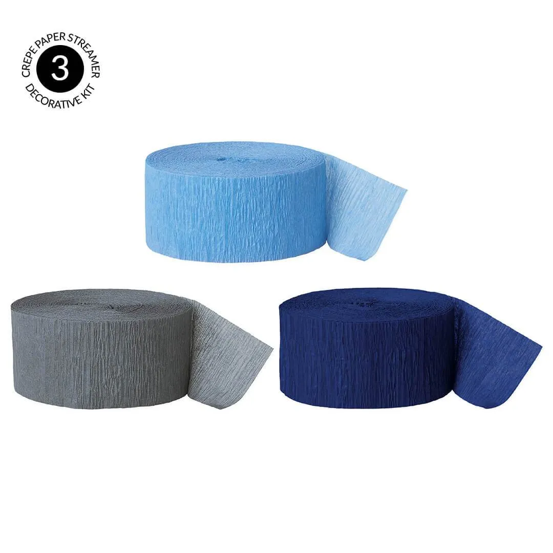 Baby Blue, Gray, Navy Blue Crepe Paper Streamer Hanging Decorative Kit