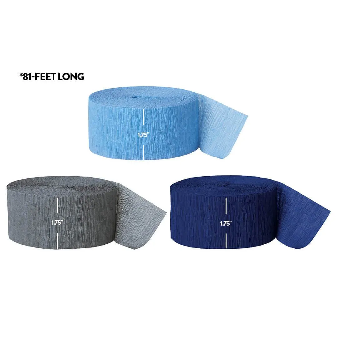 Baby Blue, Gray, Navy Blue Crepe Paper Streamer Hanging Decorative Kit