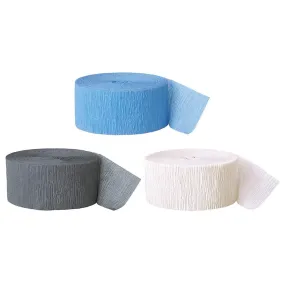 Baby Blue, Gray, White Crepe Paper Streamer Hanging Decorative Kit