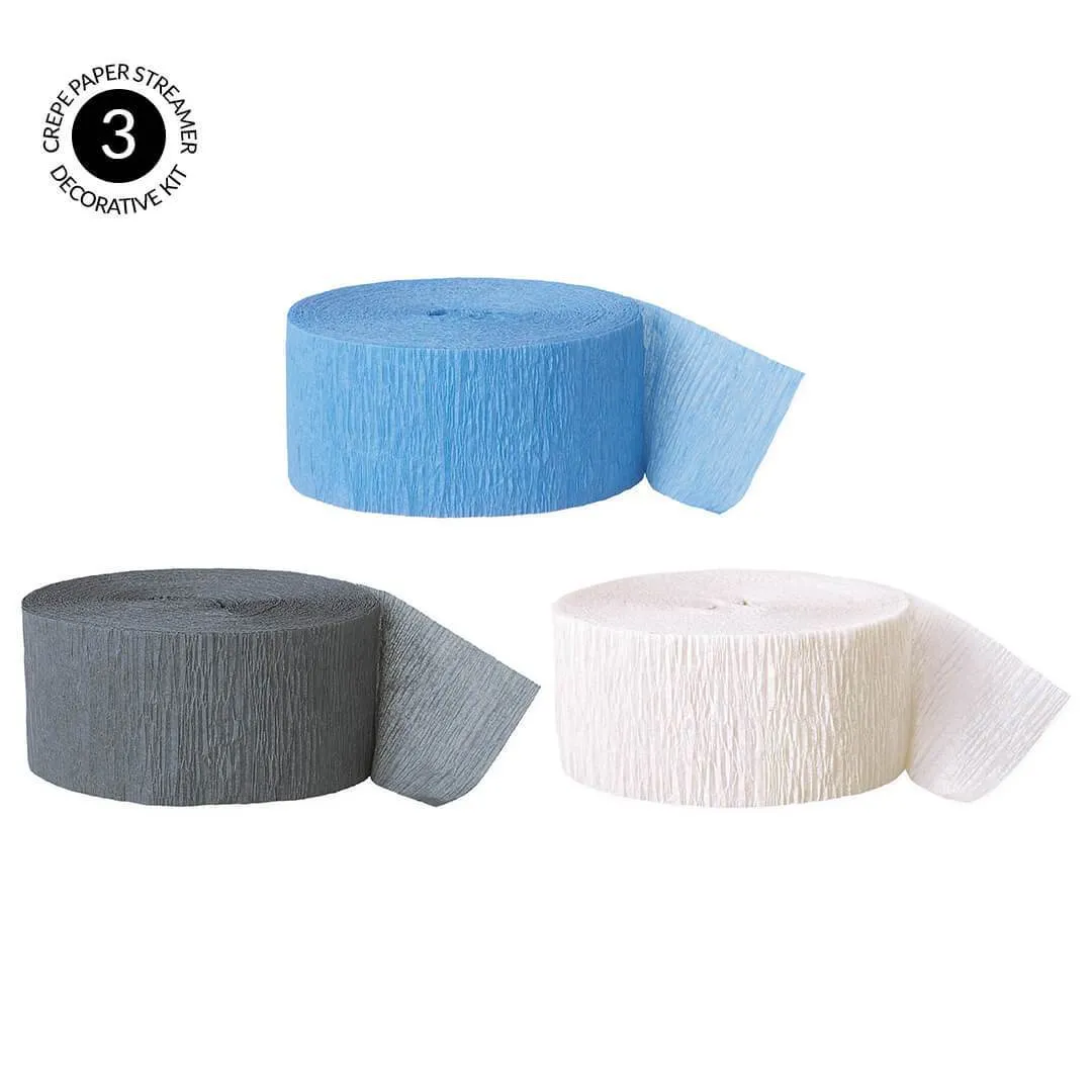 Baby Blue, Gray, White Crepe Paper Streamer Hanging Decorative Kit