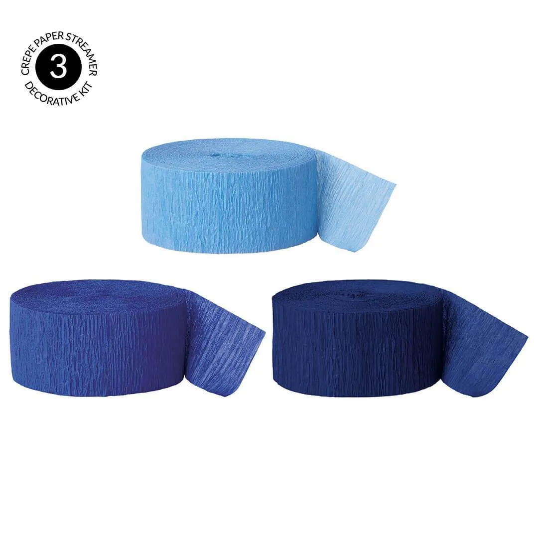 Baby Blue, Royal Blue, Navy Blue Crepe Paper Streamer Hanging Decorative Kit