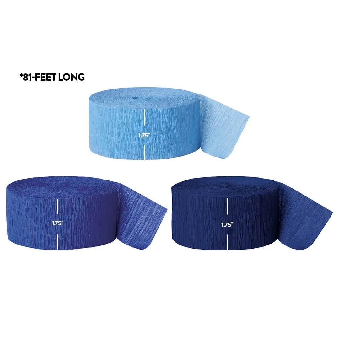 Baby Blue, Royal Blue, Navy Blue Crepe Paper Streamer Hanging Decorative Kit