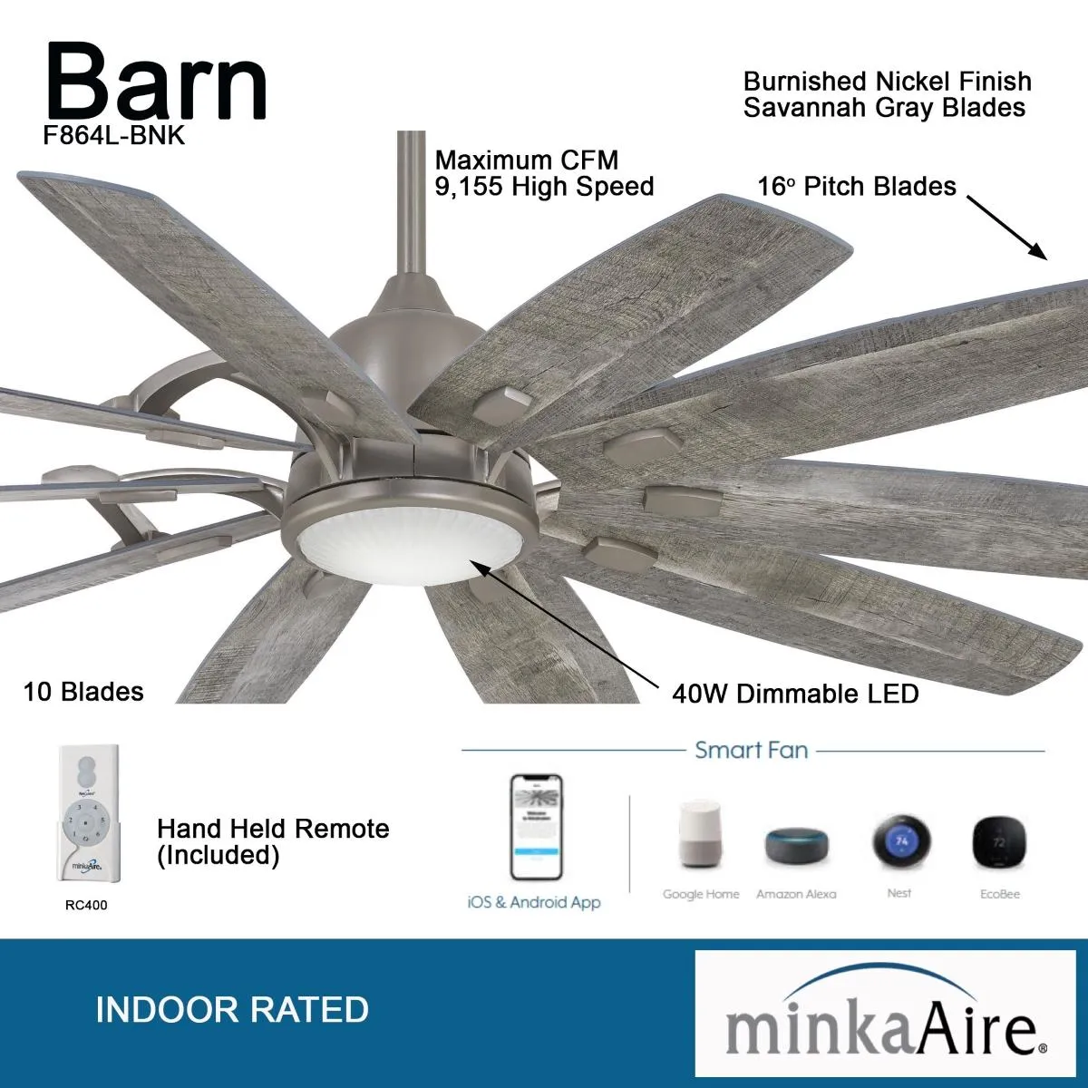 Barn LED 65" Smart Ceiling Fan with Remote, Burnished Nickel