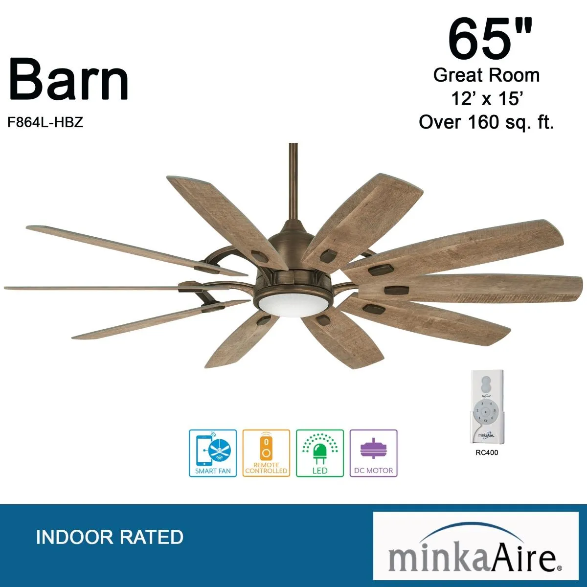 Barn LED 65" Smart Ceiling Fan with Remote, Heirloom Bronze