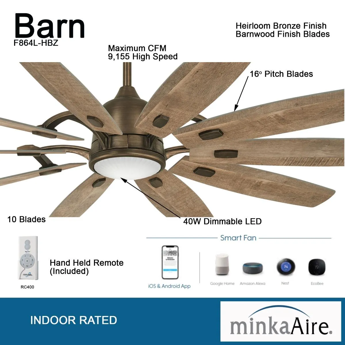 Barn LED 65" Smart Ceiling Fan with Remote, Heirloom Bronze