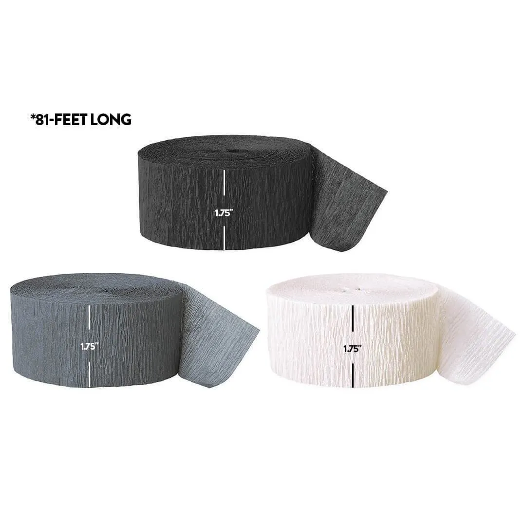 Black, Gray, White Crepe Paper Streamer Hanging Decorative Kit