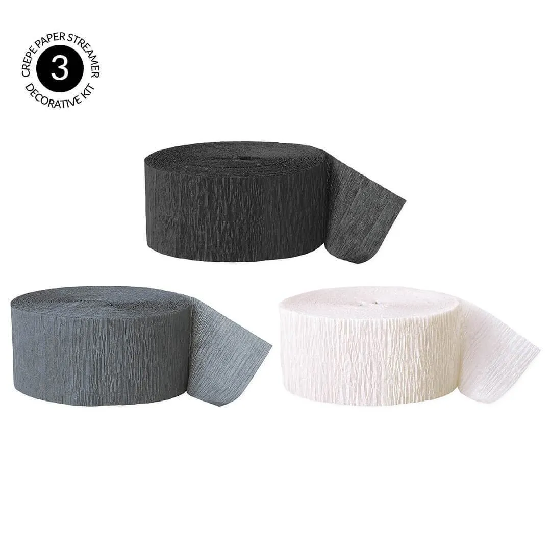 Black, Gray, White Crepe Paper Streamer Hanging Decorative Kit