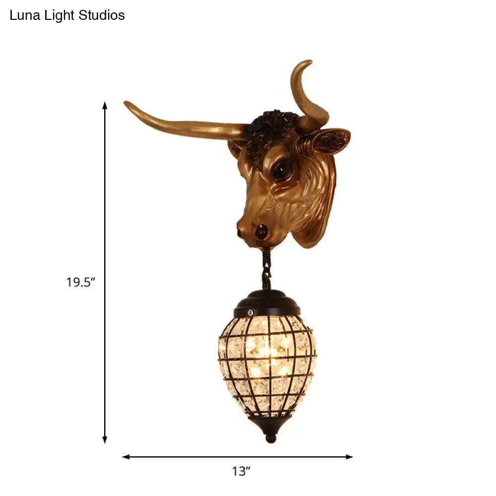 Black Lodge Style Resin Bull Wall Sconce Fixture with Crystal Shade - 1-Light Wall Lighting for Bars