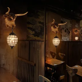 Black Lodge Style Resin Bull Wall Sconce Fixture with Crystal Shade - 1-Light Wall Lighting for Bars