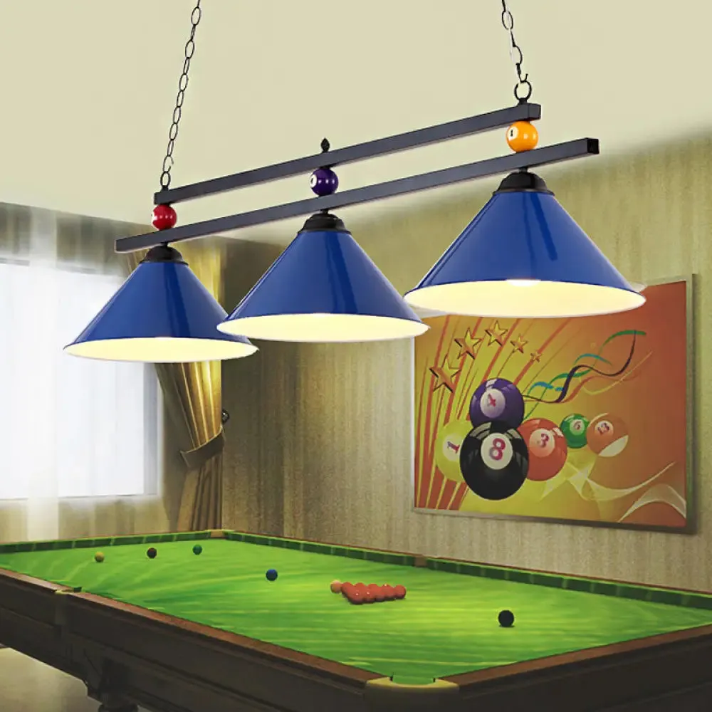 Black/Red Industrial Cone Shade Ceiling Pendant with 3 Metal Heads and Billiard Ball Deco