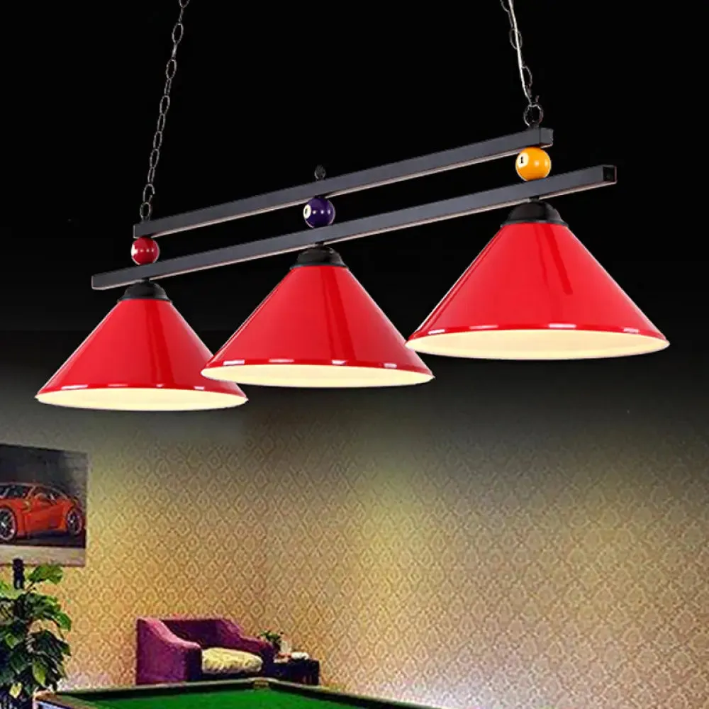 Black/Red Industrial Cone Shade Ceiling Pendant with 3 Metal Heads and Billiard Ball Deco
