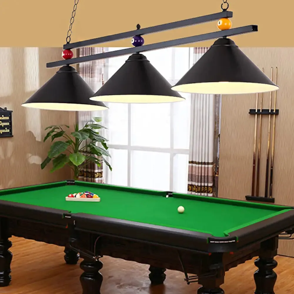 Black/Red Industrial Cone Shade Ceiling Pendant with 3 Metal Heads and Billiard Ball Deco