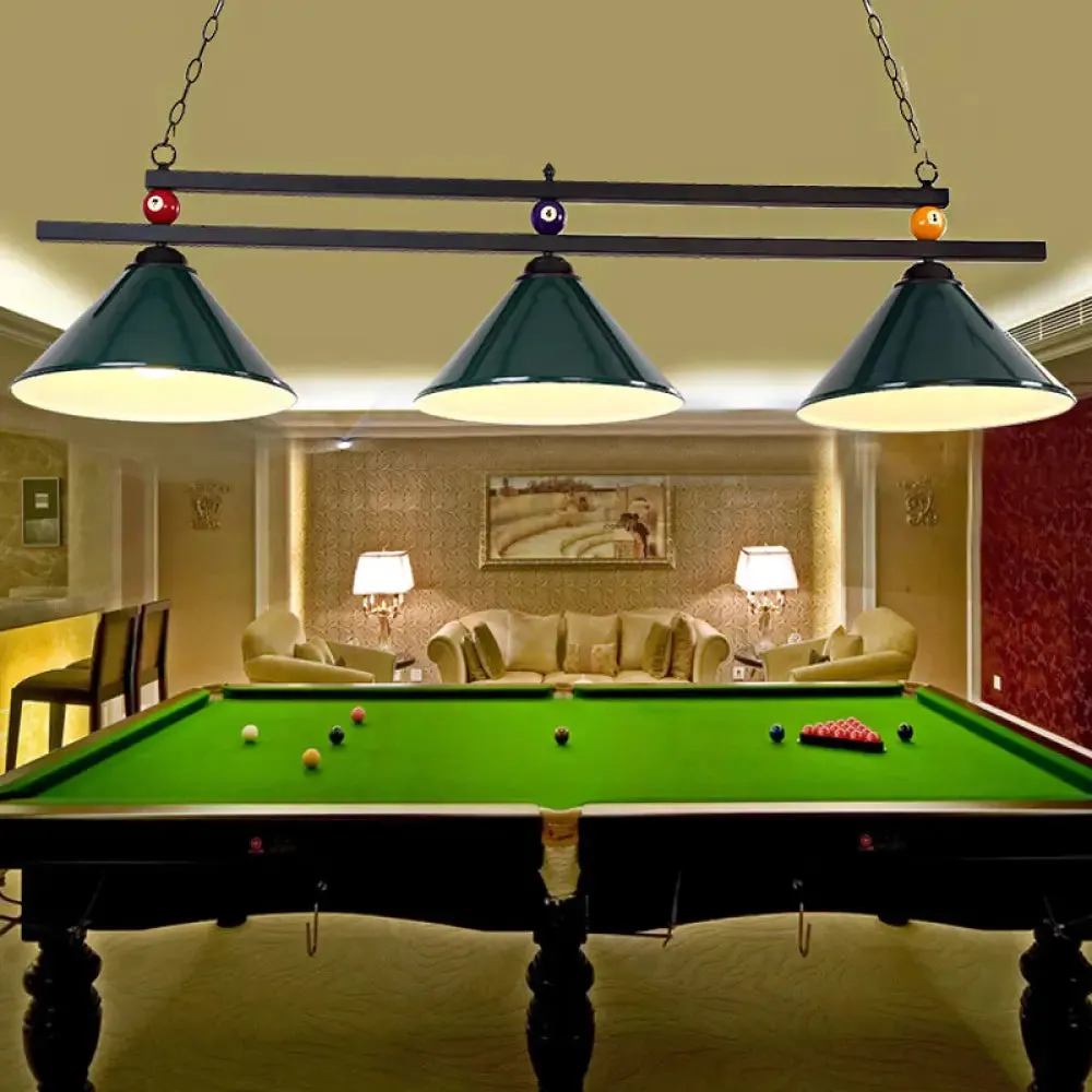 Black/Red Industrial Cone Shade Ceiling Pendant with 3 Metal Heads and Billiard Ball Deco