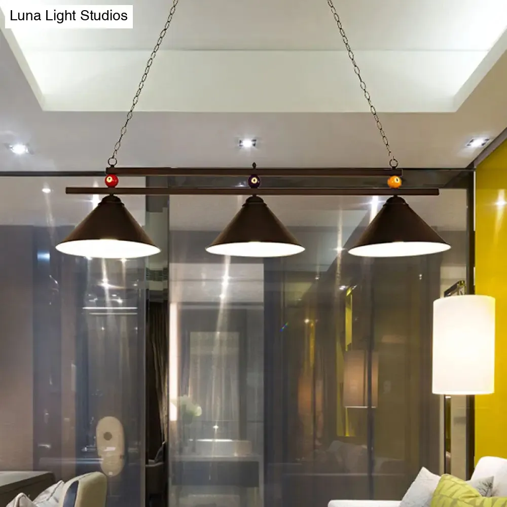 Black/Red Industrial Cone Shade Ceiling Pendant with 3 Metal Heads and Billiard Ball Deco