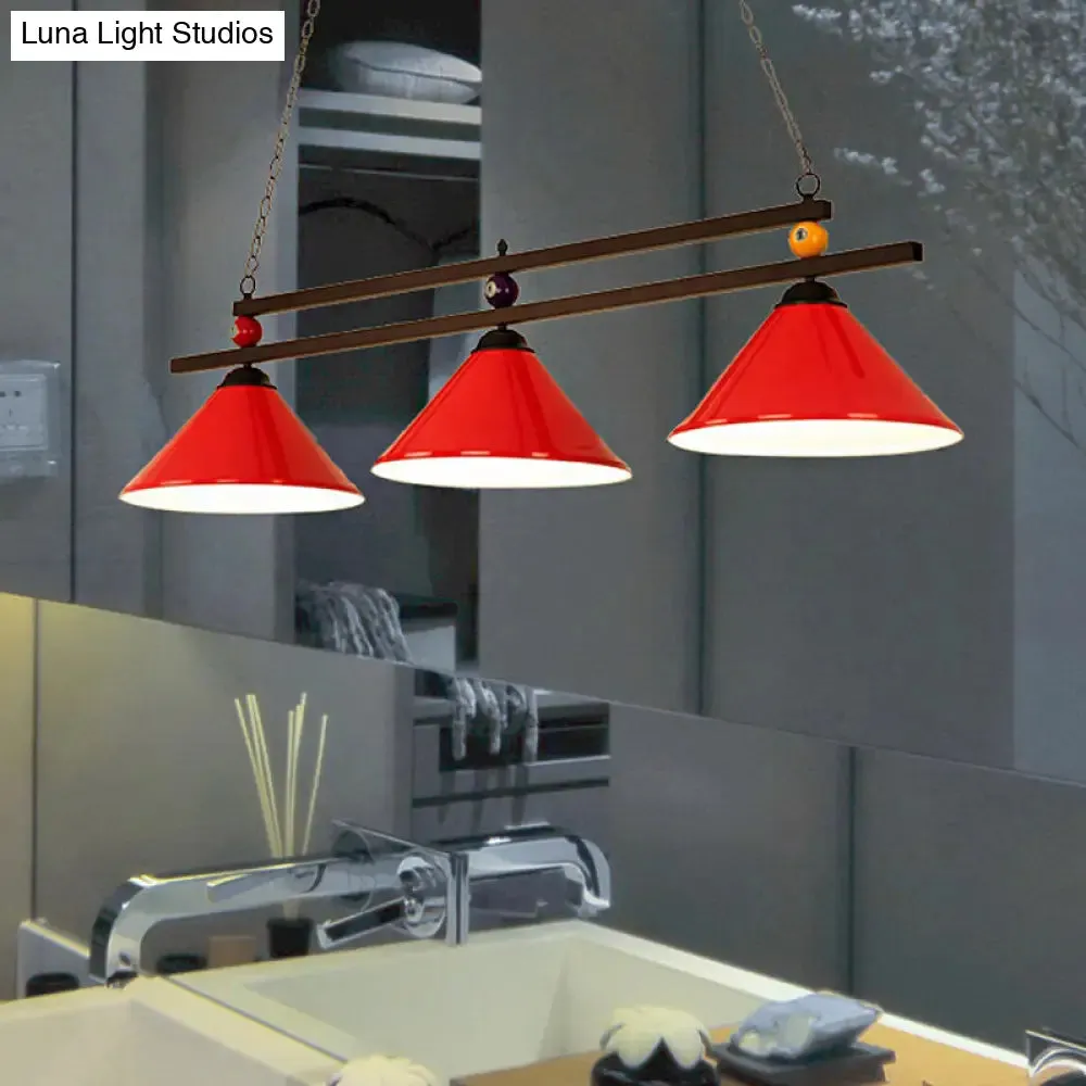 Black/Red Industrial Cone Shade Ceiling Pendant with 3 Metal Heads and Billiard Ball Deco
