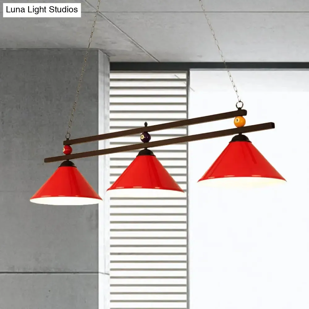 Black/Red Industrial Cone Shade Ceiling Pendant with 3 Metal Heads and Billiard Ball Deco