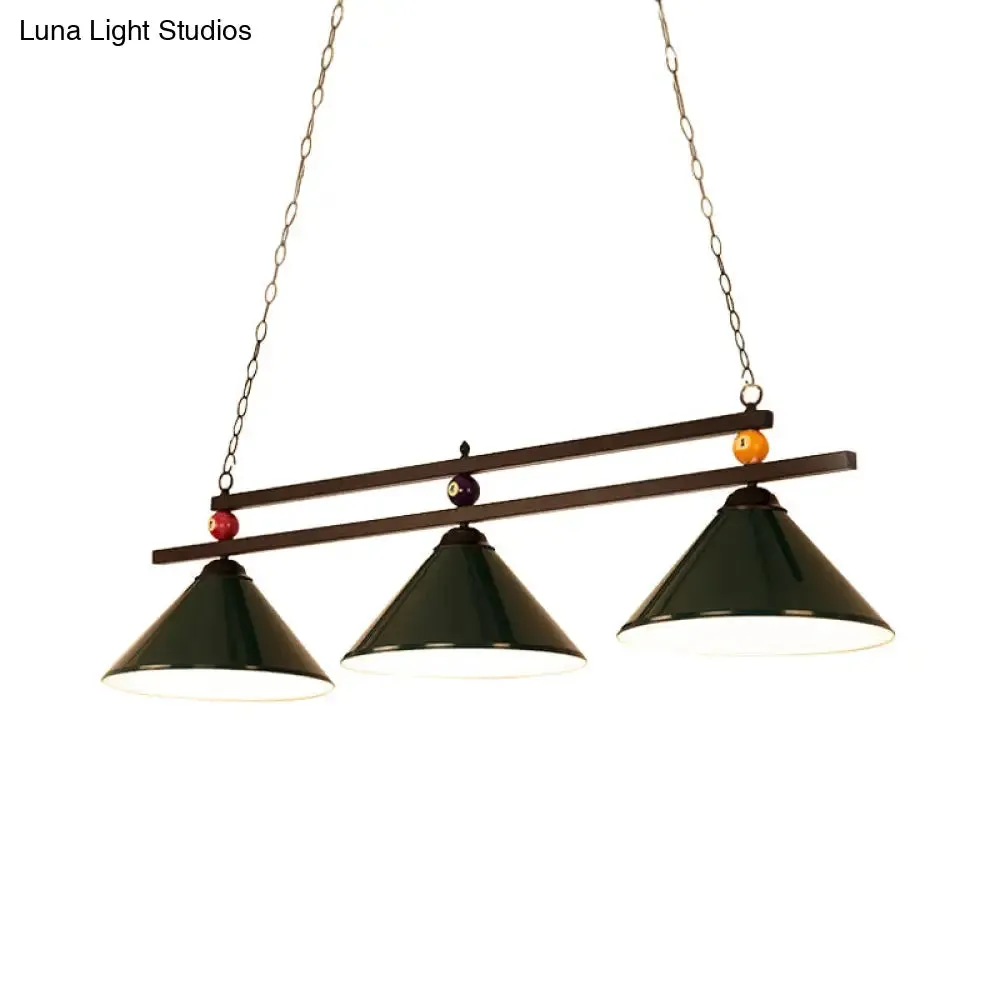 Black/Red Industrial Cone Shade Ceiling Pendant with 3 Metal Heads and Billiard Ball Deco