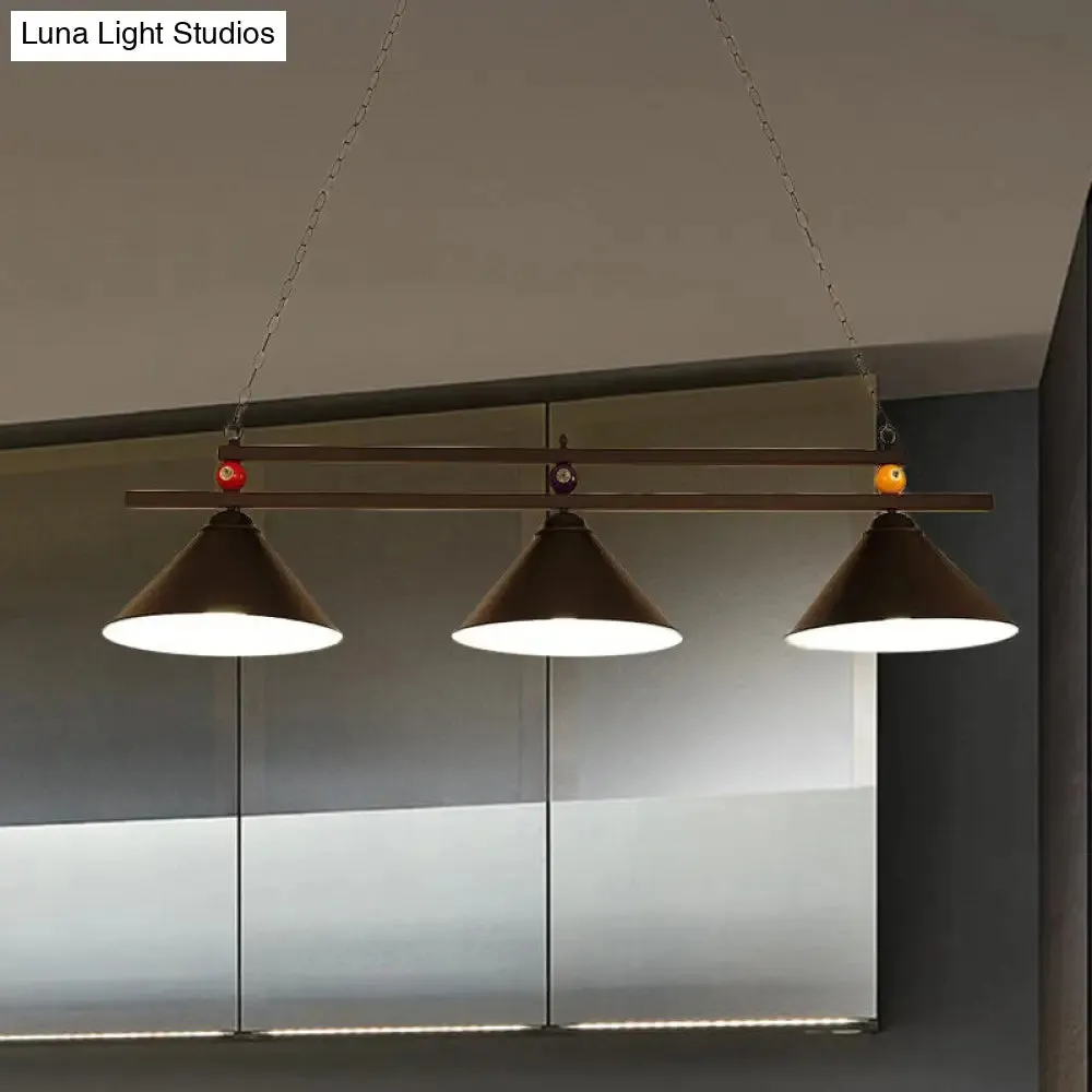 Black/Red Industrial Cone Shade Ceiling Pendant with 3 Metal Heads and Billiard Ball Deco