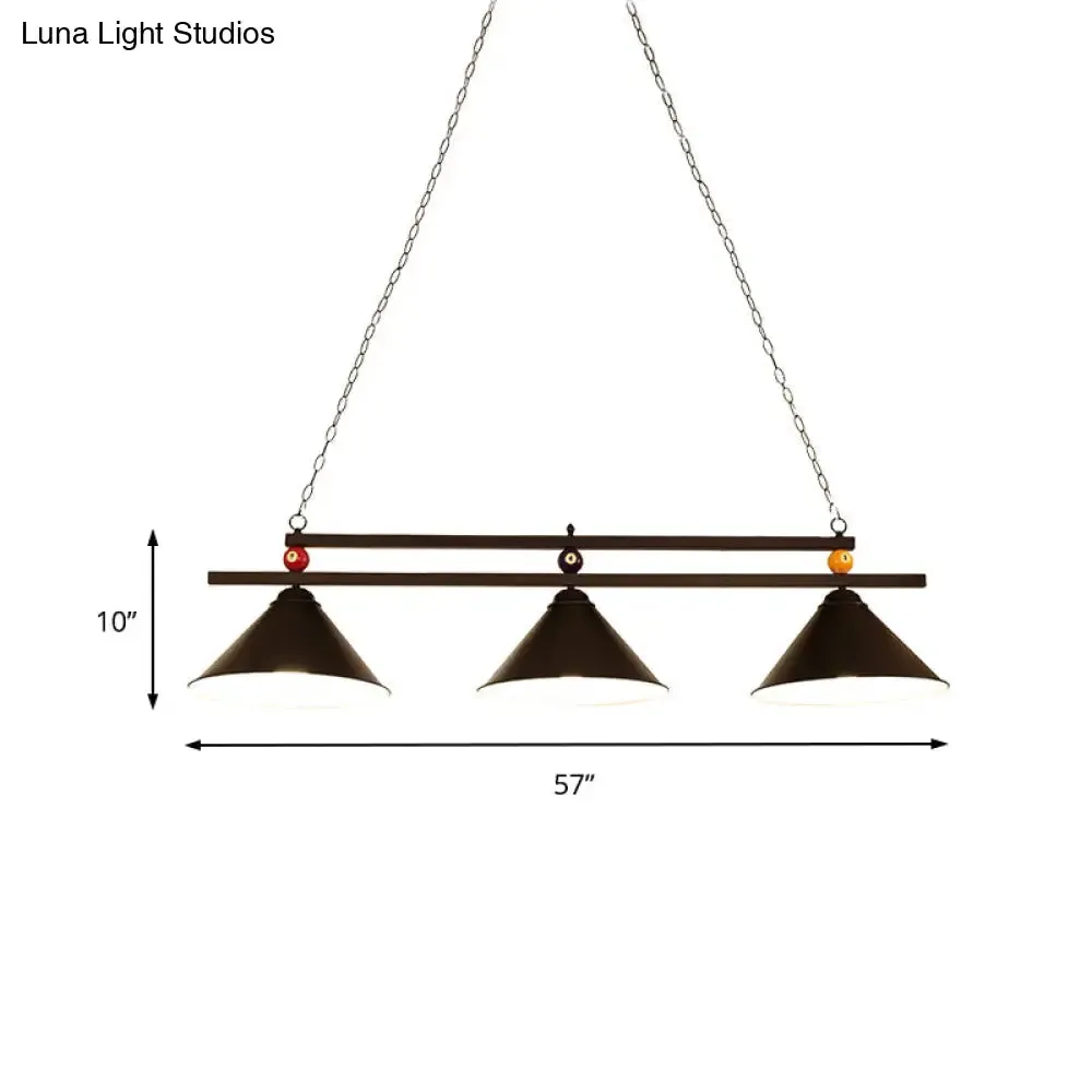 Black/Red Industrial Cone Shade Ceiling Pendant with 3 Metal Heads and Billiard Ball Deco