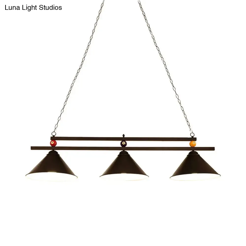 Black/Red Industrial Cone Shade Ceiling Pendant with 3 Metal Heads and Billiard Ball Deco