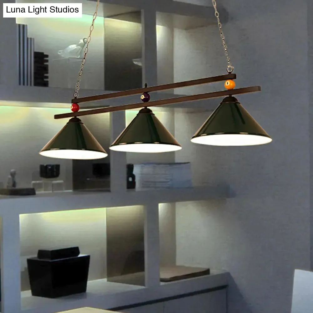 Black/Red Industrial Cone Shade Ceiling Pendant with 3 Metal Heads and Billiard Ball Deco