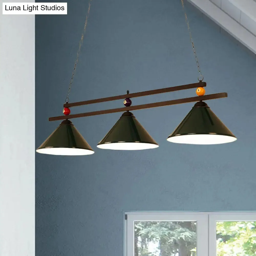 Black/Red Industrial Cone Shade Ceiling Pendant with 3 Metal Heads and Billiard Ball Deco