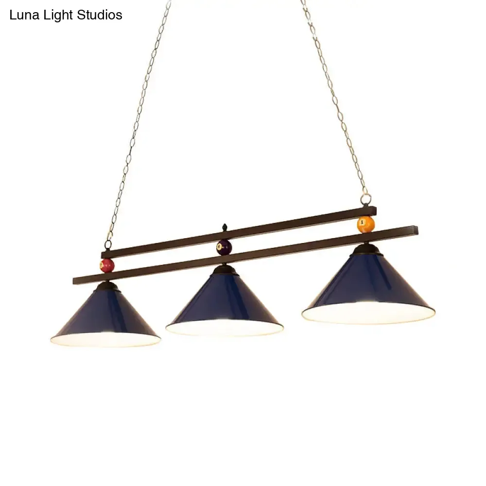 Black/Red Industrial Cone Shade Ceiling Pendant with 3 Metal Heads and Billiard Ball Deco