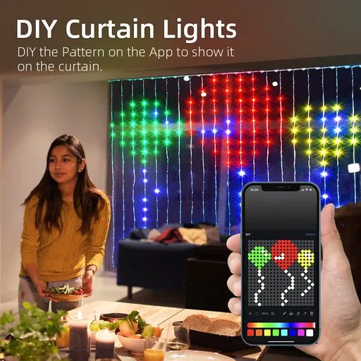 ENERJ Smart Curtain Fairy Lights 2x2 Meters of 400 LEDs, Remote Included, APP & Voice Controlled , Perfect for Bedrooms, Parties and Home Decor.