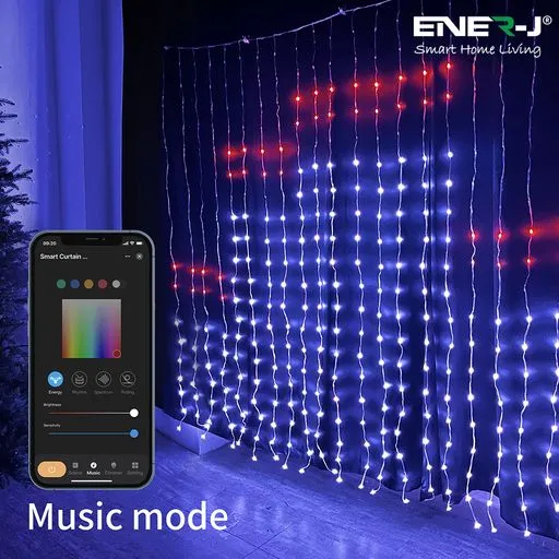 ENERJ Smart Curtain Fairy Lights 2x2 Meters of 400 LEDs, Remote Included, APP & Voice Controlled , Perfect for Bedrooms, Parties and Home Decor.