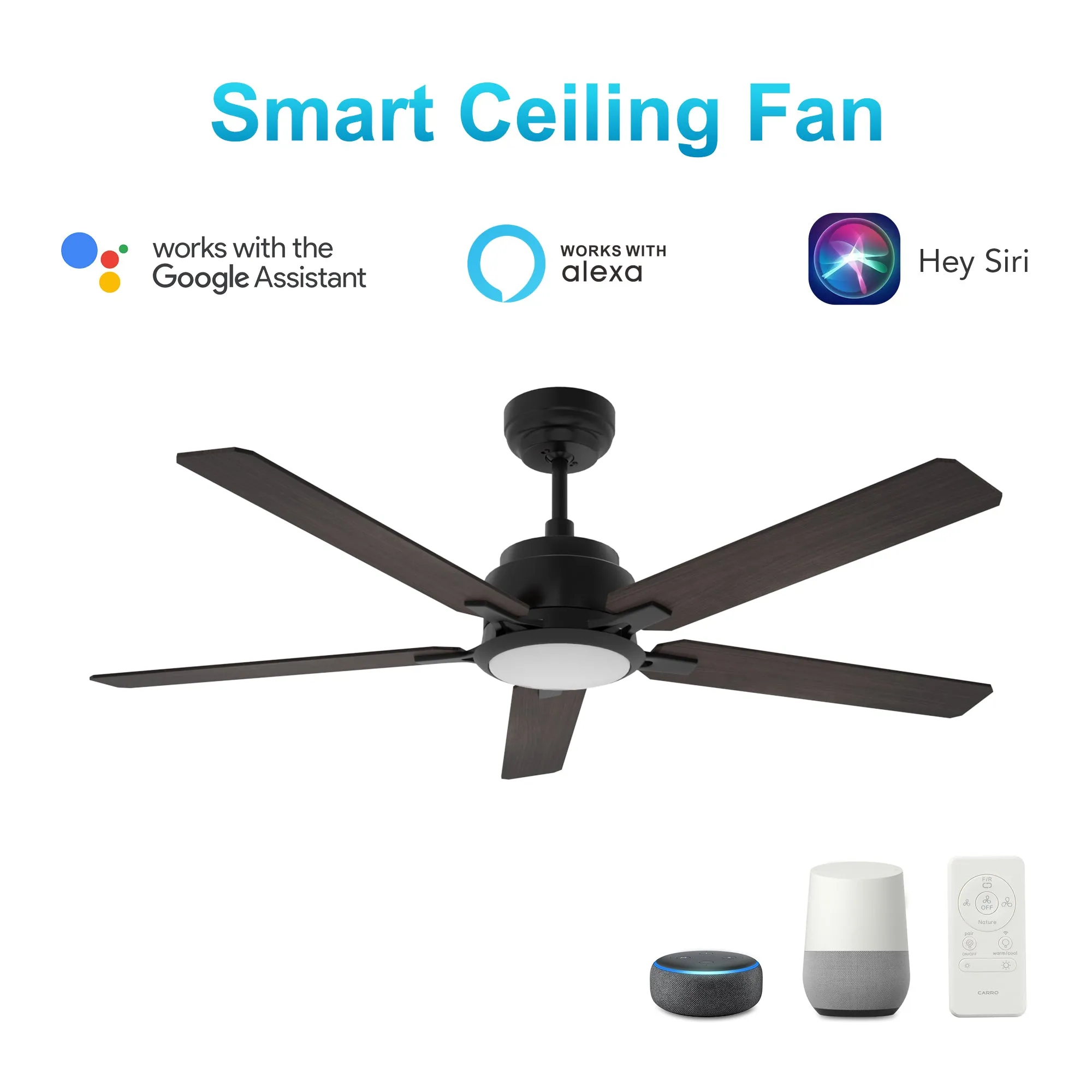 ESPEAR 52 inch 5-Blade Smart Ceiling Fan with LED Light Kit & Remote - Black/Walnut Pattern