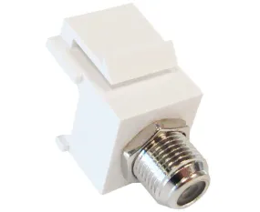 F-81 Coax Keystone Jack: HD Nickel-Plated F-Type Female to Female Coupler, Snap-In Module. Available in White, Ivory, and Black.