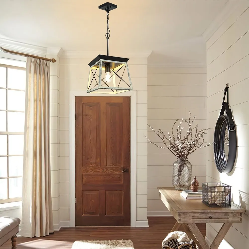 Farmhouse Pendant Light Fixture, Adjustable Rustic Island Light, Industrial Square Chandelier Lighting Ceiling Hanging