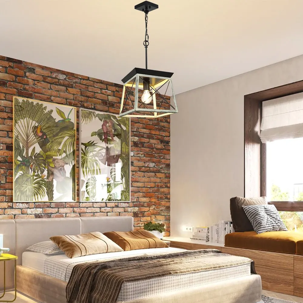 Farmhouse Pendant Light Fixture, Adjustable Rustic Island Light, Industrial Square Chandelier Lighting Ceiling Hanging
