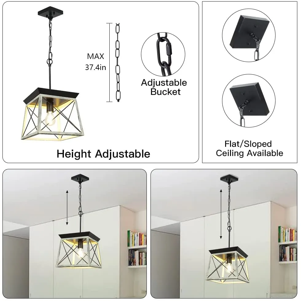Farmhouse Pendant Light Fixture, Adjustable Rustic Island Light, Industrial Square Chandelier Lighting Ceiling Hanging