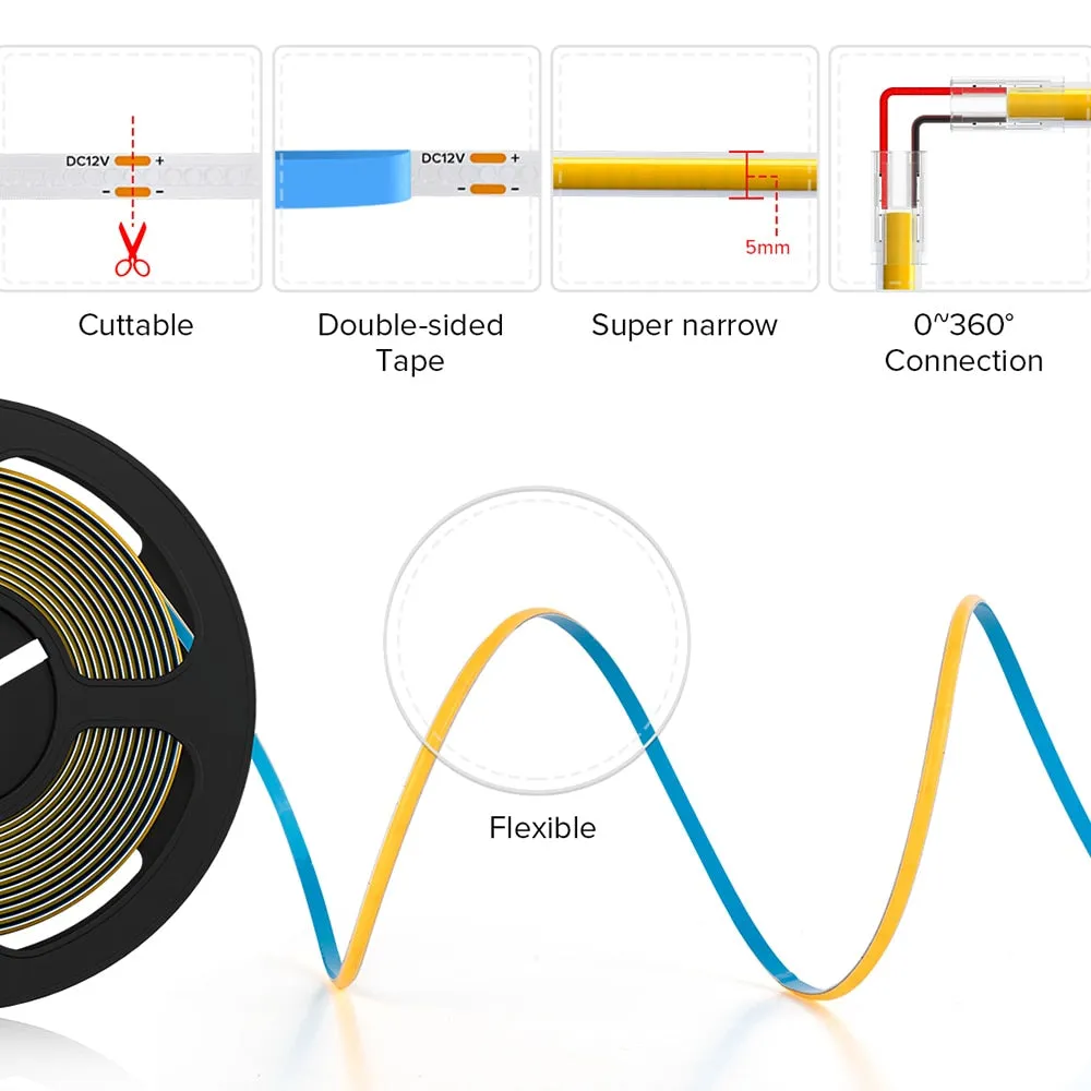 FCOB COB FOB LED Strip 9 Colors 480LEDs 5mm 8mm DC12V 5m Linear Flexible High Density Ribbon Dimmable UL CE
