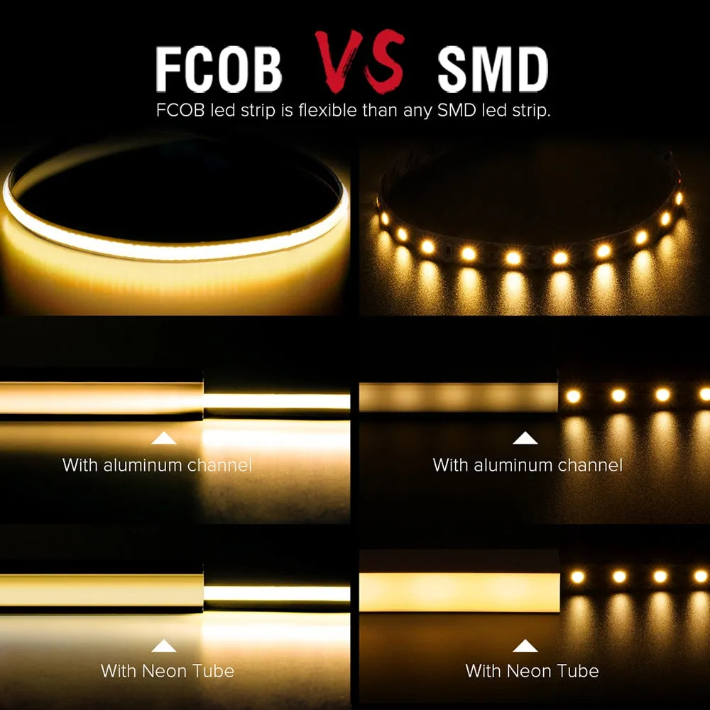 FCOB COB FOB LED Strip 9 Colors 480LEDs 5mm 8mm DC12V 5m Linear Flexible High Density Ribbon Dimmable UL CE