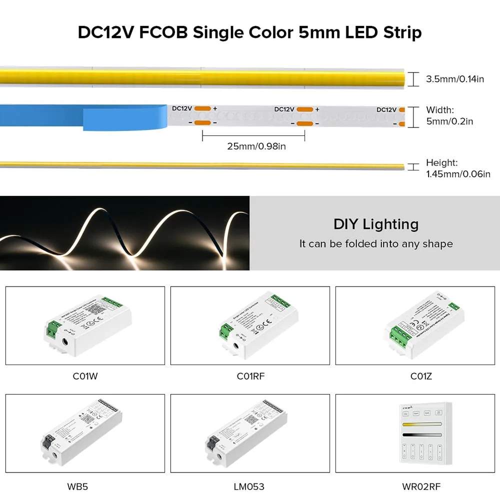 FCOB COB FOB LED Strip 9 Colors 480LEDs 5mm 8mm DC12V 5m Linear Flexible High Density Ribbon Dimmable UL CE