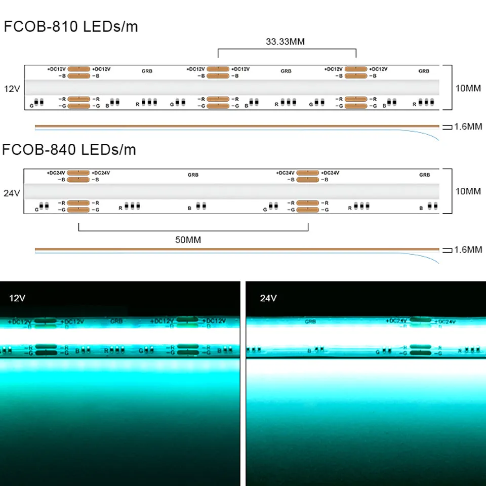 FCOB RGB LED Light Strip DC12V 810 DC24V 840 Flexible FOB COB 10mm 4pin Wire RA90 Linear Dimmable